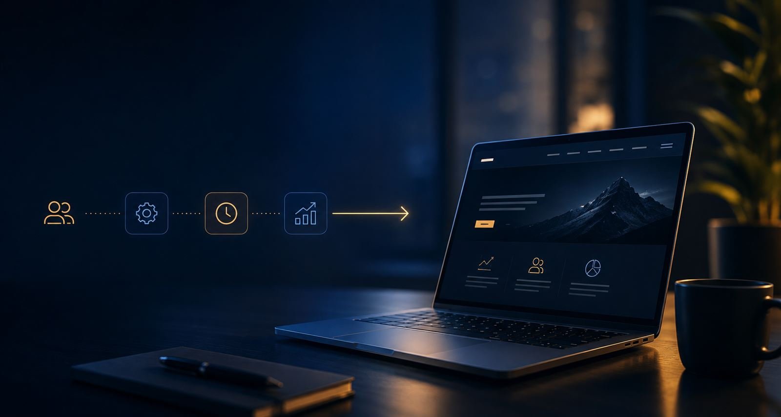Una computadora portátil con una página web: clientes, procesos, tiempo y crecimiento conectados
